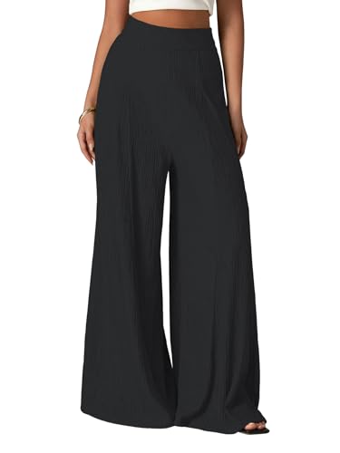 Image of Shasmi Women's Elegant High Waist Wide Leg Pants - Textured Solid Color Loose Fit Long Trousers | Casual Beach & Airport Outfit | Lightweight Flowy Palazzo Style (Trouser 259)