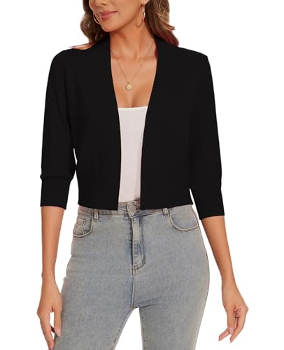 Image of Women 3 /4 Sleeve Cropped Cardigan Lightweight Casual Open Front Bolero Shrug Sweaters