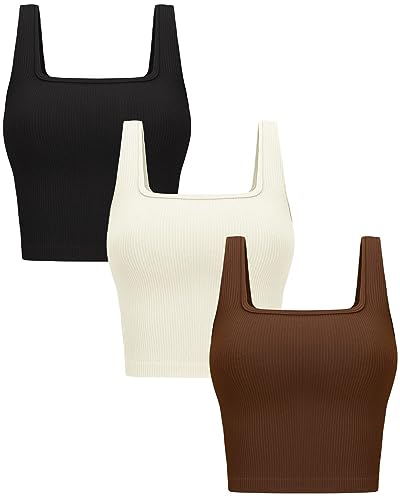 Angju Womens 3 Pack Crop Tank Tops Basic Seamless Ribbed Sleeveless Square Neck Workout Top Summer Exercise Yoga Gym Shirts(Medium)
