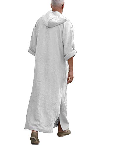 Taoliyuan Mens Kaftan Hooded Robe Linen Loungewear V Neck Long Night Gown Shirt Thobe, A-White, X-Large #TOP20
