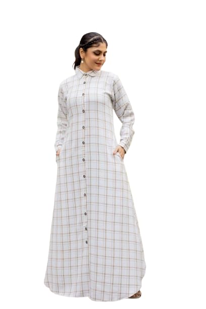 Cream Crepe Fabric No Transparency Front Button Open A-LINE Gown Pattern Chex Print ShirtStyle Cuffs Balloon Sleeve Pattern with Pocket Gown-picture-38