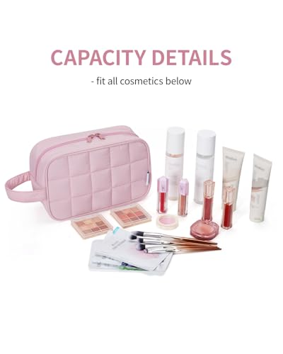 Image of Narwey Quilted Makeup Bag Puffy Make up Bag Cosmetic Bag Organizer, Puffer Travel Toiletry Bag for Traveling Women Girls, Travel Bag for Toiletries, Skincare Medicine Bags (Pink)