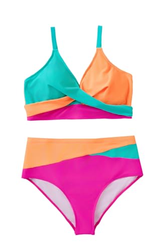 Image of Tempt Me Plus Size High Waisted Two Piece Swimsuit Color Block Bikini Set | Removable Padded Cups for Large Bust, Twist front Design, Color Block Style, Adjustable Straps
