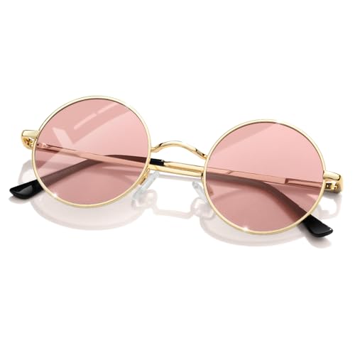 KANASTAL Pink Round Sunglasses Polarised Tinted Circle Metal 70s Glasses Wire Trendy Classic Retro Vintage UV400 -Gold Frame Light Pink Lens