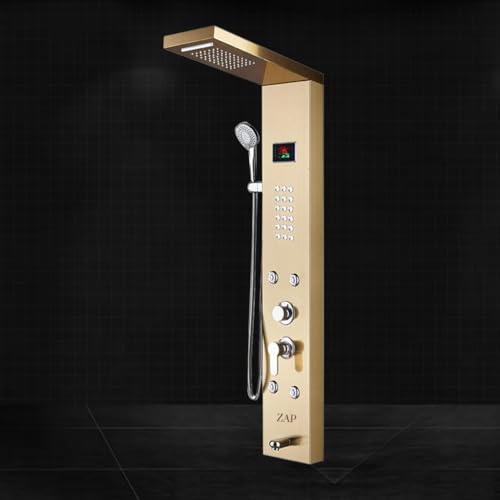 Image of ZAP X9 Gold Shower Panel System with LED Temperature Display | Rainfall Top Shower, Hand Shower, Body Massage Jets & Bucket Filler | Multi-Function Stainless Steel Bathroom Shower Unit