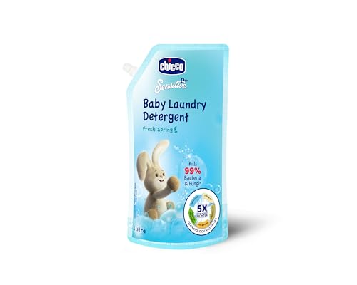 Image of Chicco Baby Laundry Detergent 1L Pouch - Fresh Spring | Liquid Detergent for Baby Clothes | Kills 99% Bacteria and Fungi | 5X Stain Fighter | Free From Harsh Chemicals & Colorants