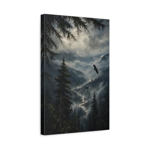 Tableau corbeaux brumeux forêt style huile réaliste sur toile premium 3cm