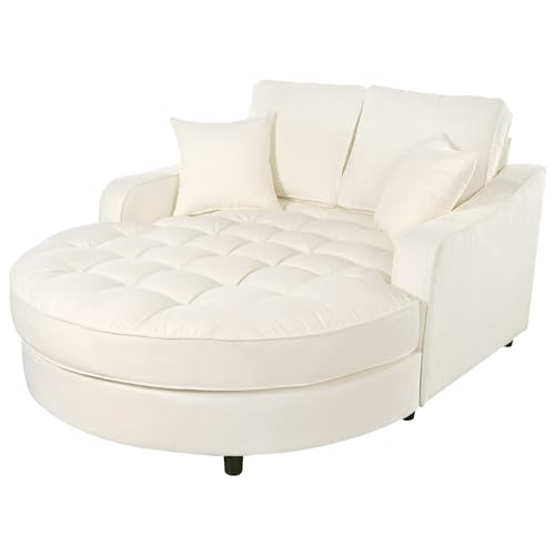 Image of Christopher Knight Home 55 Inch Modern Chaise Lounge Sofa Bed, Upholstered Chenille Lounge Couch with Tufted Seat and Detachable Pillows Curved Accent Sofa for Living Room, Beige