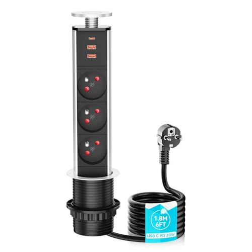 Bloc Prise Encastrable 3 Prise française avec 2 USB-A,1 USB-C PD20W,Airmom Multiprise Escamotable Plan de Travail Cuisine,4000W/16A, Ø 60mm,Câble de 1.8m
