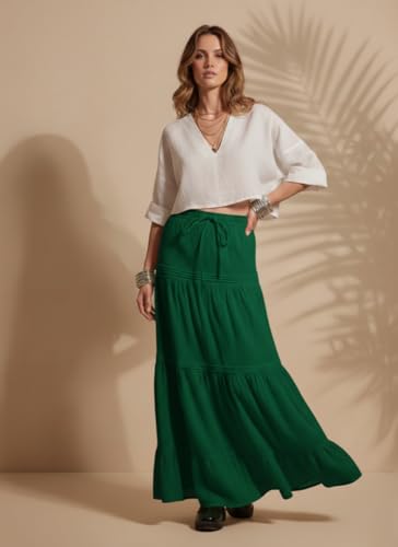 Image of GRECIILOOKS Women's Summer Ruffle Hem PolyBlend Maxi Skirt | High Waist Long Skirt's | Plain A-Line Flowy Skirt for All Occasions | Elegant Boho Style
