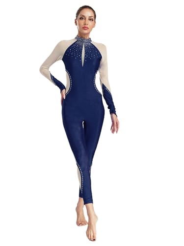 Fldy Maillot de cuerpo completo para mujer, manga larga, con purpurina, para gimnasia, traje de baile, con bloque de colores, ropa de ballet, azul marino, XL