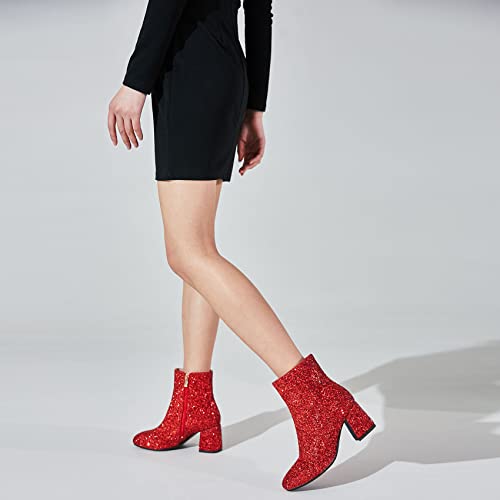 SEIFIN Women's Sequins Glitter Chunky Heel Ankle Boots Sparkly Wedding Bridal Party Dress Shoes Block Mid Heels Side Zipper Booties3