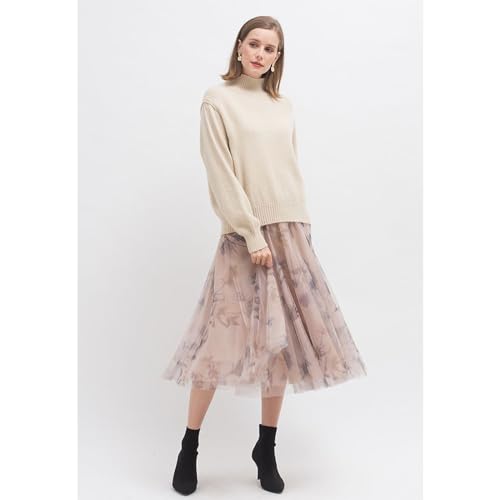 CHICWISH Women Floral Printed Mesh Tulle Midi Skirt Double Layered Elastic Waist A Line Flowy Fairy Skirts Dusty Pink 6