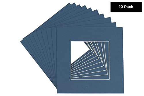 CountryArtHouse Steel Blue Acid Free 10x10 Square Picture Frame Mat with White Core Bevel Cut for 6x6 Pictures - Fits 10x10 Frame - Pack of 10 Matboards