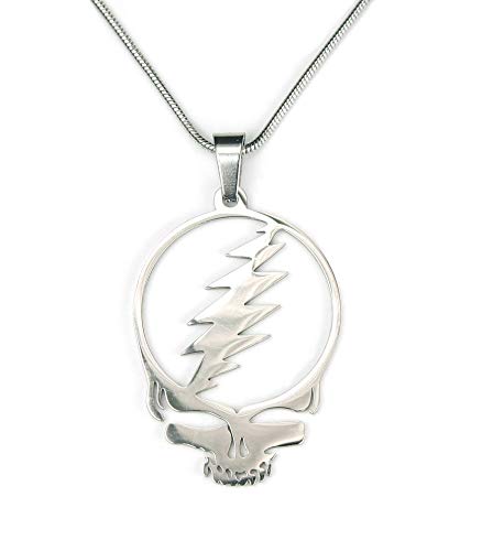 Stealie Necklace, on 20 Snake Chain, Pure 304 Stainless Steel, Grateful Dead Head Skull Lightening Bolt Charm Pendant with 20 Long Chain (50.8cm) Smooth Snake Chain