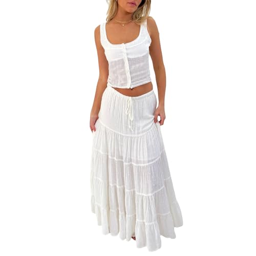 Women 2 Piece Maxi Skirt Sets Lace Hem Ruffle Cami Tops Low Waist Skirts Summer Party Club Streetwear