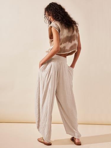 utcoco Womens Casual Baggy Harem Pants Pleated Stretchy Waist Loose Fit Lounge Pants Trouses with Pocket3