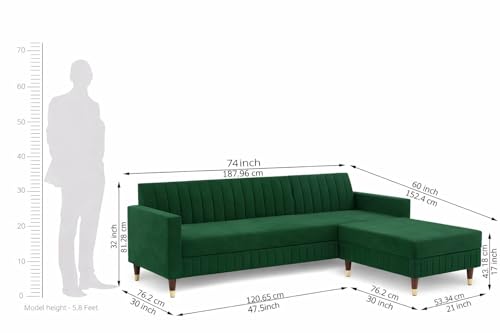 Image of Wooden L Shape Sofa 4 Seater with Ottoman | Velvet Fabric Upholstery | Modern Sectional Wooden Frame Couch for Living Room, Home & Office (Green)