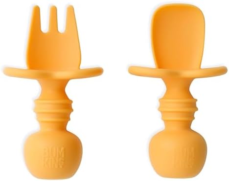 Bumkins Baby Utensils Set, Chewtensils Silicone Spoons for Dipping, Self-Feeding, Baby Led Weaning, Trainer Learning, First Stage Eating, Soft Practice Fork and Spoon, Babies 6 Months, Tangerine