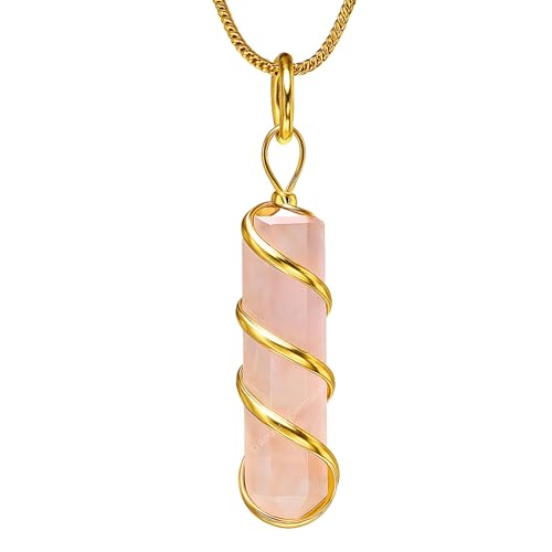 Amazing Gemstone Rose Quartz Crystal Necklace Pendant For Women Gold Wire Wrapped Dainty Minimalist Healing Crystal Necklaces For Men Unisex Necklace Jewelry Adjustable Chain & Leather Cord