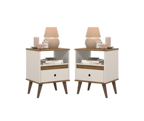 Conjunto 2 mesa de cabeceira retrô pés palitos 1 gaveta luxo -TED- Off White/Nature