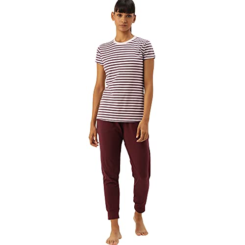 Image of Enamor Essentials Women's Short Sleeve Crew Neck Slim Fit Breathable Stretch Cotton Tee With Graphic - E147(E147-Dl Plm Mel /Drm Pnk Stripe-XL)