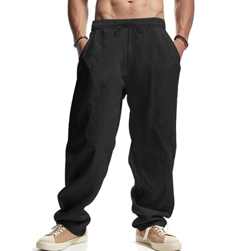 Men's Linen Pants Casual Elastic Waist with Drawstring Flat Front Solid Color Lightweight for Beach Vacation