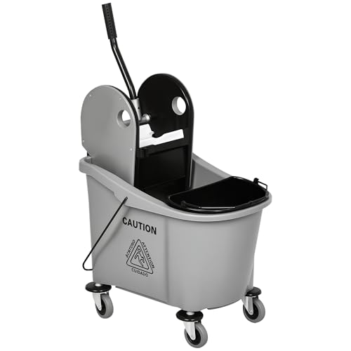 HOMCOM 9.5 Gallon (38 Quart) Mop Bucket with Wringer Cleaning Cart, 4 Moving Wheels, 2 Separate Buckets, & Mop-Handle Holder, Grey