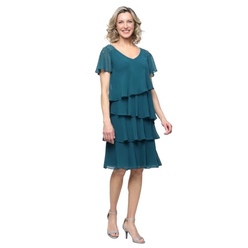 Image of S.L. Fashions Women's V-Neck Chiffon Cocktail Dress with Beaded Shoulders and Asymmetrical Tiers (Petite and Regular Sizes)