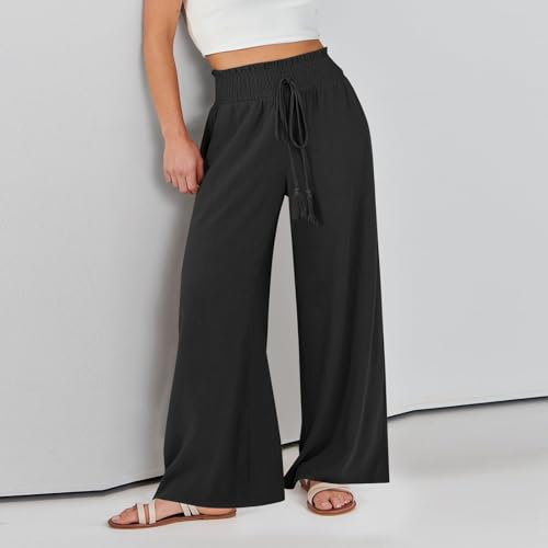 Women's Drawstring Linen Palazzo Pants Summer High Waist Wide Leg Beach Trousers Trendy Lounge Pant with Pockets3