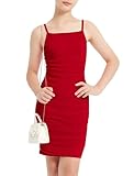 EXARUS Girls Bodycon Dress Spaghetti Strap Party Dance Tight Ruched Mesh Sleeveless Short Pencil Dresses Red 10 Years