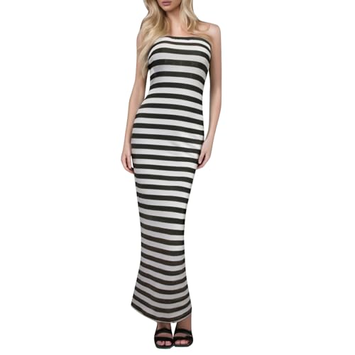 Foweknow Vestido de verano a rayas sin mangas para mujer, con abertura lateral, vestido midi para vacaciones en la playa, informal, vestido de suéter, vestido largo ajustado a la figura, vestido