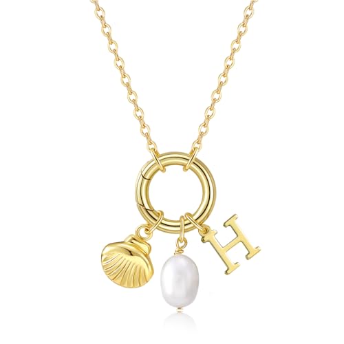 Initial Charm Necklace for Women Shell Necklace Pearl Necklace 14K Gold Plated Letter Pendant Necklace Dainty Seashell Necklace Beach Jewelry Gifts (H)