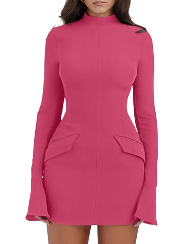 Image of YMDUCH Women's Long Sleeve Mock Neck Bodycon Mini Party Dress | Stretch,Flare Sleeve,Formal,Back Zipper,Elegant,Comfy,Casual,Fitted,Solid,Party,Date Night,Club,Birthday,Fall,Spring,Short