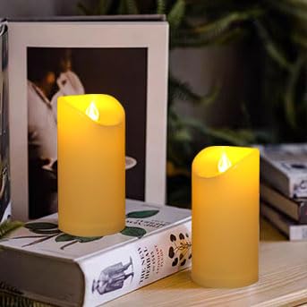 Image of CANDLE CHOICE Outdoor Battery Operated Flameless Candles with Remote Timer Waterproof Flickering Plastic Electric LED Pillar Lights for Lantern Patio Garden Wedding Party Decorations 3x6 Inches 2 Pack