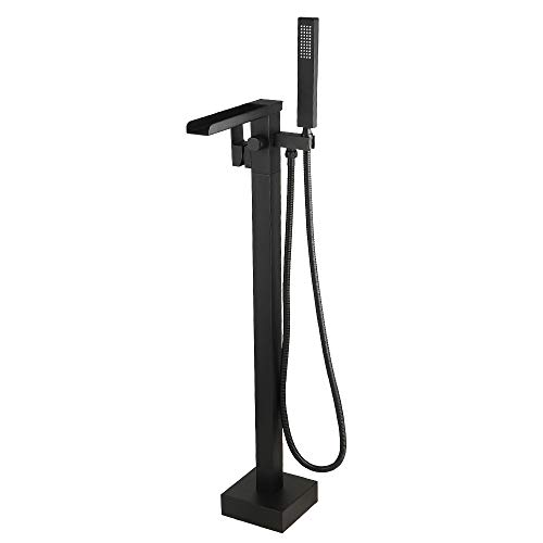 JingGang Waterfall Tub Filler Freestanding Bathtub Faucet Matte Black Floor Mount Luxury Solid Brass High Flow Rate Single Handle Bathroom Faucets with Hand Shower