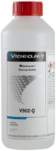 White bottle of Videojet V902-Q Cleaning Solution with a red cap. The label shows 'Videojet Cleaning Solution V902-Q' and hazard symbols.