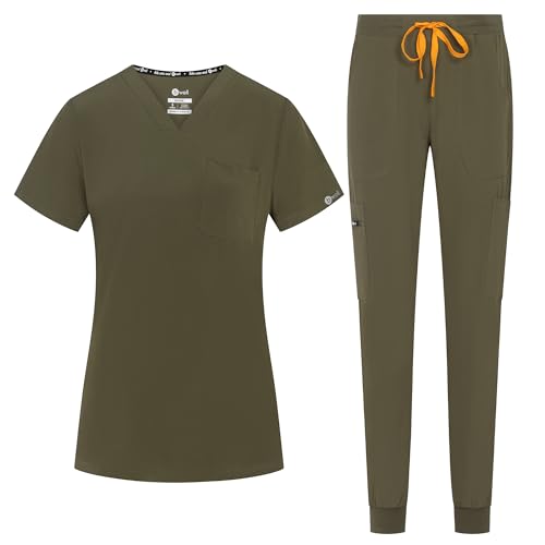 B-well NAOMI Uniforme médico para mujer con casaca y pantalón | Ropa sanitaria elástica, cómoda y profesional, verde oliva, M