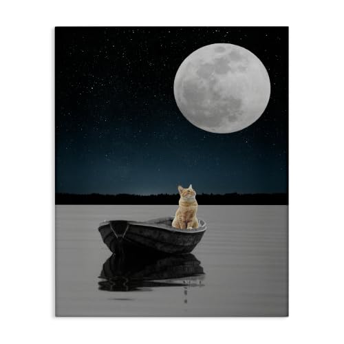 Orange Cat Moon Lake Rowboat, 24 x 30 Inch Canvas Wall Art