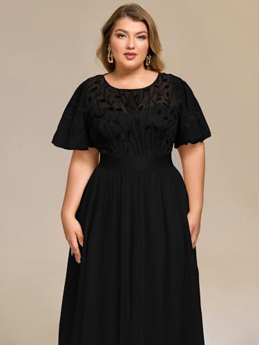 Image of Ever-Pretty Plus Women's Round Neck Embroidery Short Sleeves Sequin Tulle Midi Plus Size Cocktail Wedding Guest Dresses Black US16
