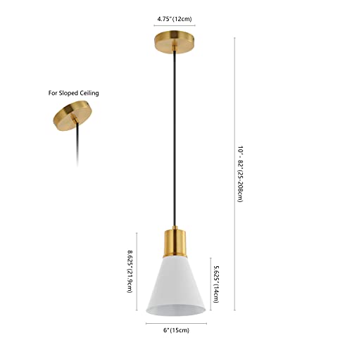 Image of JONATHAN Y Apollo Mid-Century 1-Light Pendant 6 inch, White /Brass Gold | Modern, Adjustable Height, Metal Cone Shade, Kitchen Island, Hallway, UL Listed, Slope-Compatible, LED Bulb Included