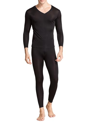 2Pcs Mens Pure Silk Winter Thermal Set Soft Underwear Base Longsleeve Johns Set Crew V Neck Silk Shirt+Pants