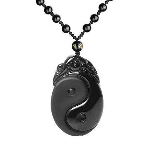 Unisex Yin Yang Necklace Natural Obsidian Yin Yang Engraved Pendant with Adjustable Bead Chain Feng Shui Lucky Amulet Spiritual Gemstone Jewelry