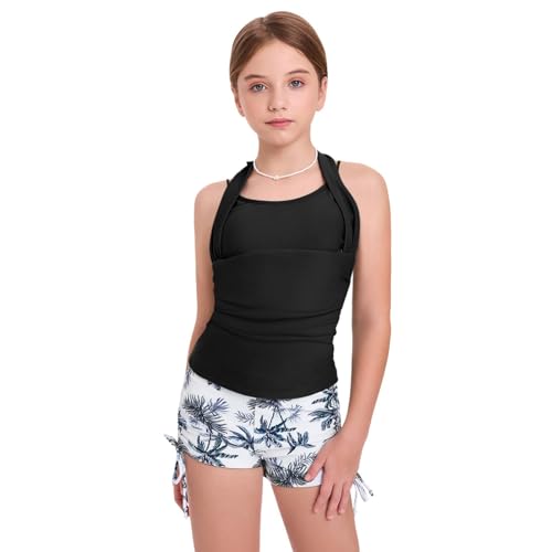 Image of Size 7-16 Years Girls Slim Fit Swimsuit 2 Piece Halterneck Tankini Swimsuit Drawstring Printed Swim Shorts