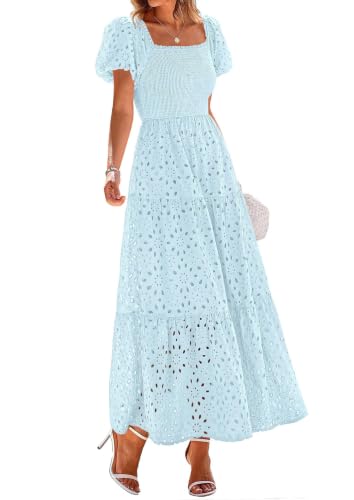 Image of PRETTYGARDEN Summer Dresses for Women 2026 Eyelet Square Neck Puff Sleeve Smocked Wedding Guest Maxi Dress with Pockets