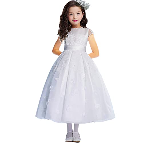 Kids Appliques Pageant Wedding Flower Girl Dresses Tulle with Bow 10 White