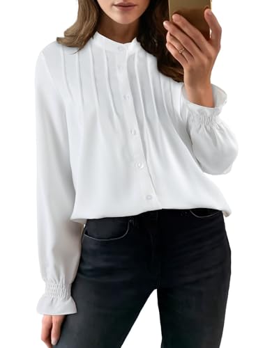 Astylish Women's Dressy Casual Blouses Button-Down Business Work Chiffon Tops Fashion Long Sleeve Mandarin Collar Pleated Shirts 2025 Fall Outfits White Large
