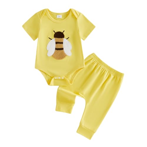 Emmababy Bee Outfit Baby Girl Boy Romper Pants Set Floral Bodysuit Tops and Leggings Infant Newborn Clothes 3 6 12 18 Months (03 Yellow 6-12 Months)