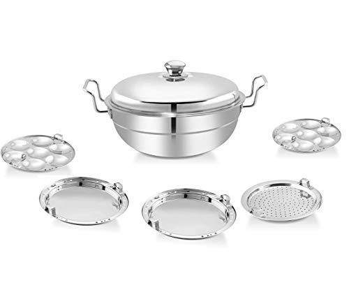 WayMore® All-in-One Big Size Stainless Steel IdliCooker Multi Purpose Kadai Steamer with Induction Bottom Multi Kadai with 5 Plates Big Size 2 Idli | 