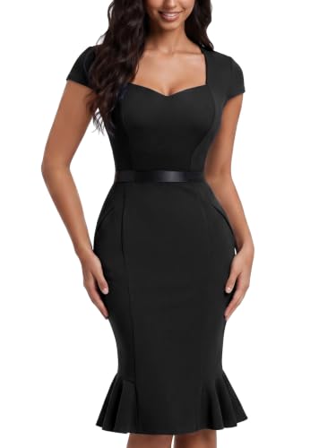 Miusol Women's Retro Square Neck Business Ruffle Hem Cocktail Dress(Small, Black)